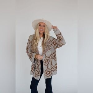 124. POL Open-Front Geometric Cardigan in Cream and Brown